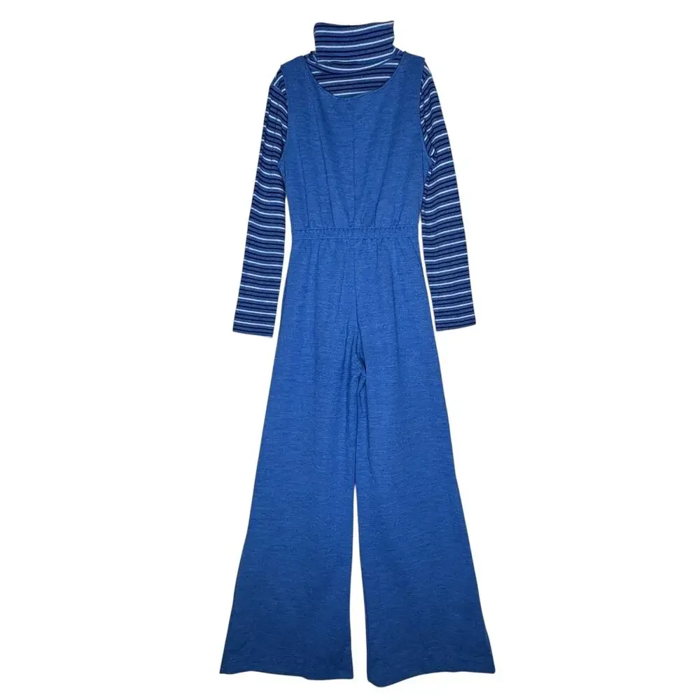 1970s Pic-Nics by Her Majesty Blue Knit Jumpsuit Turtleneck Set USA XS